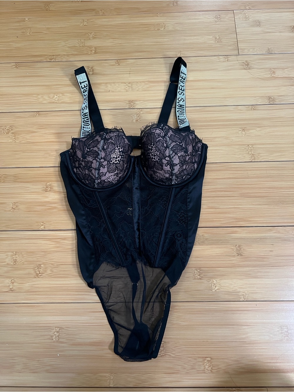 Victoria's Secret Black Lace Longline Bodysuit with Branded Straps